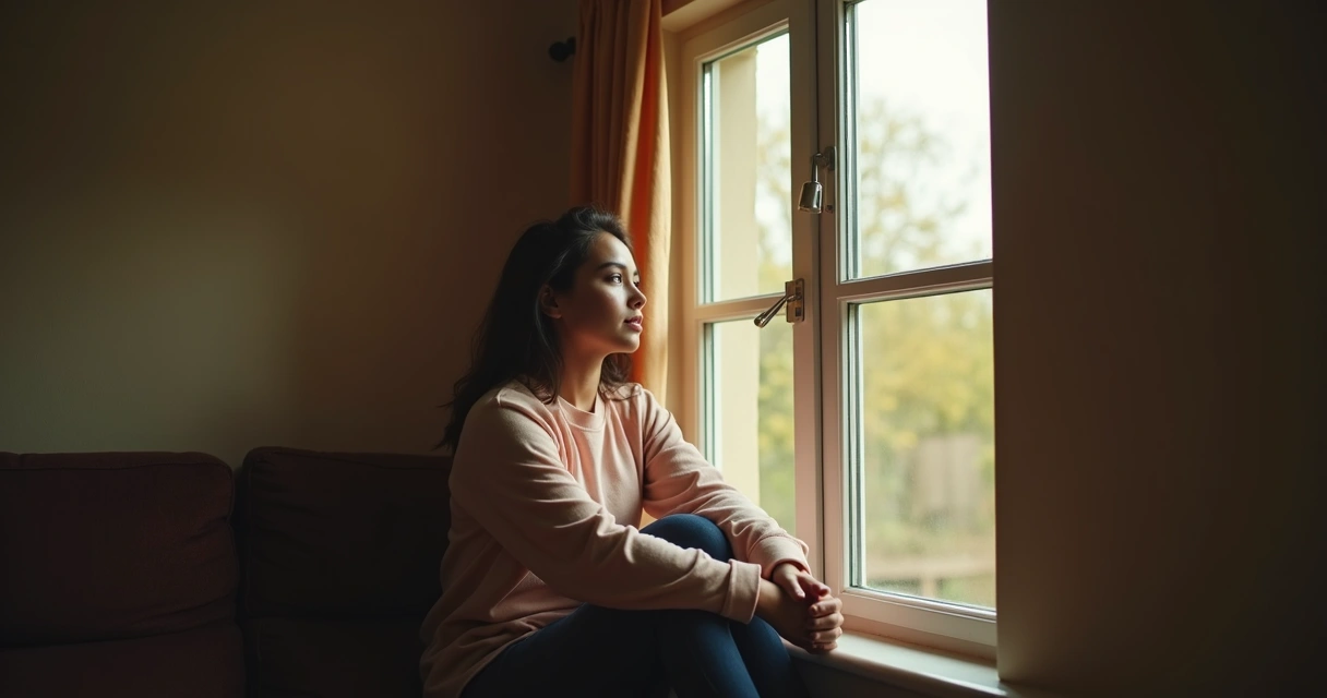 Mulher sentada olhando para fora da janela, pensativa e reflexiva, com expressão séria 