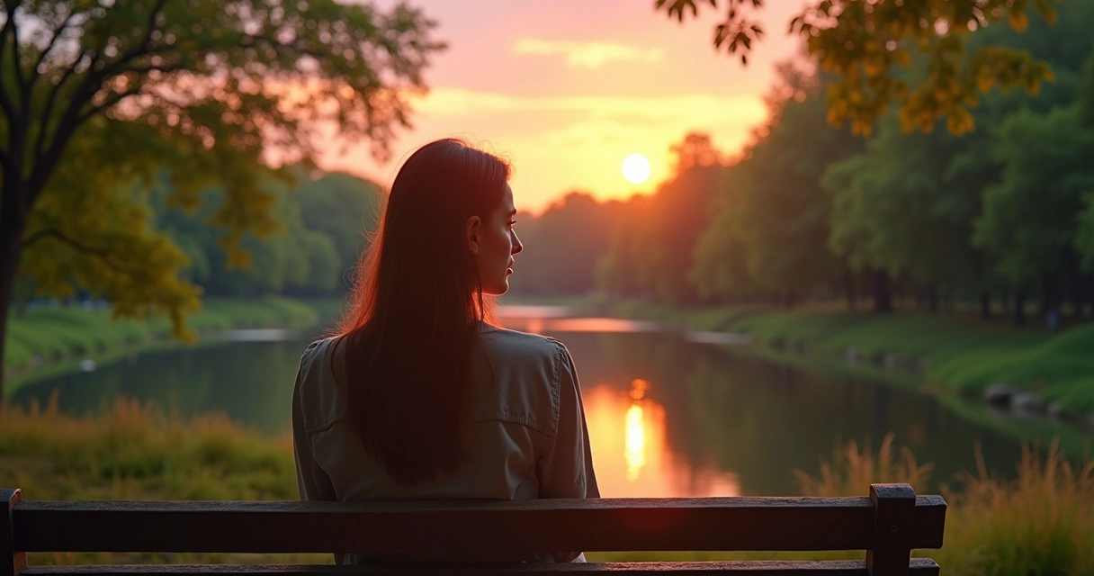 Mulher sentada em um banco ao entardecer, refletindo sozinha em ambiente natural tranquilo 
