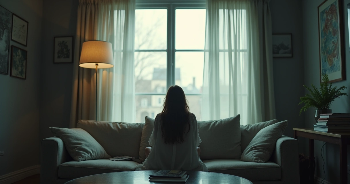 Mulher sentada sozinha em uma sala de estar olhando pela janela. 