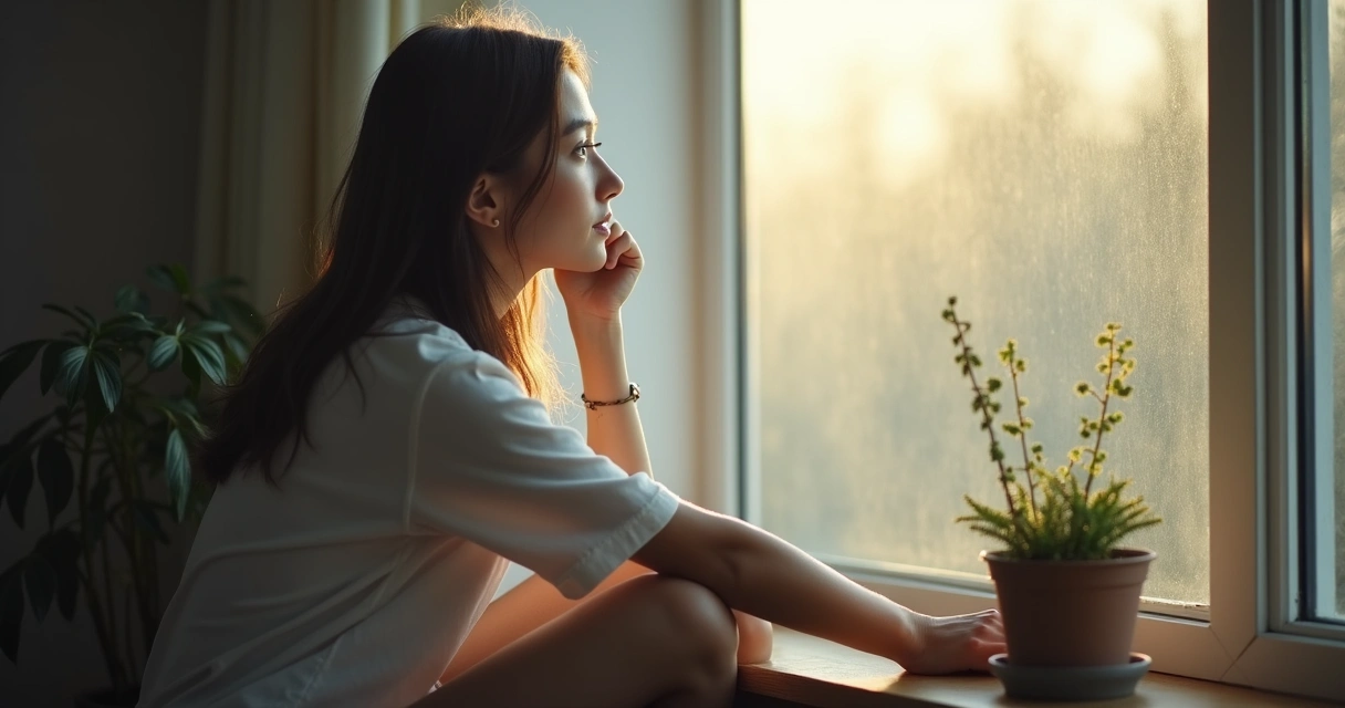 Mulher sentada olhando pela janela refletindo 