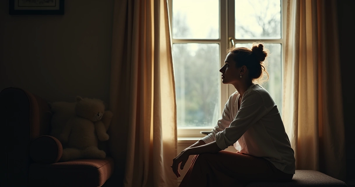 Mulher sentada sozinha olhando pela janela com expressão pensativa 