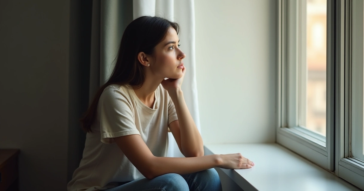Jovem mulher sentada sozinha perto de uma janela olhando para longe, refletindo. 