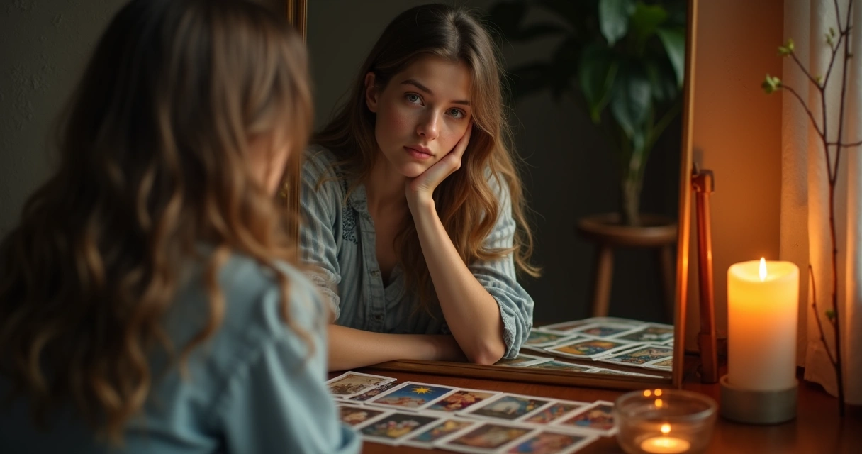Mulher jovem olhando para um espelho com cartas de tarot ao lado