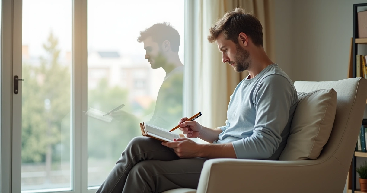 Pessoa sentada perto da janela refletindo com expressão serena e caderno no colo 