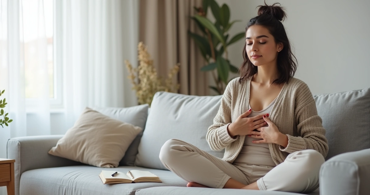 Mulher sentada em posição de meditação tocando o peito com expressão serena 