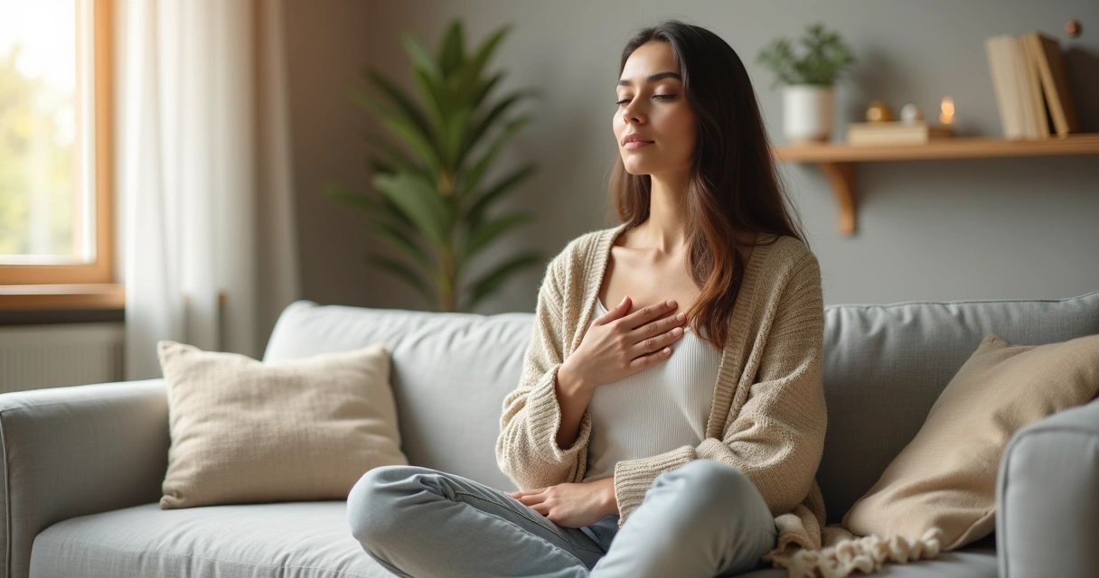 Mulher sentada refletindo com expressão calma e acolhedora 