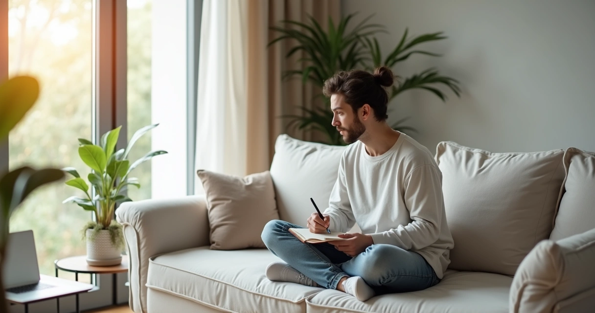 Mulher sentada perto da janela escrevendo em caderno de autoconhecimento 