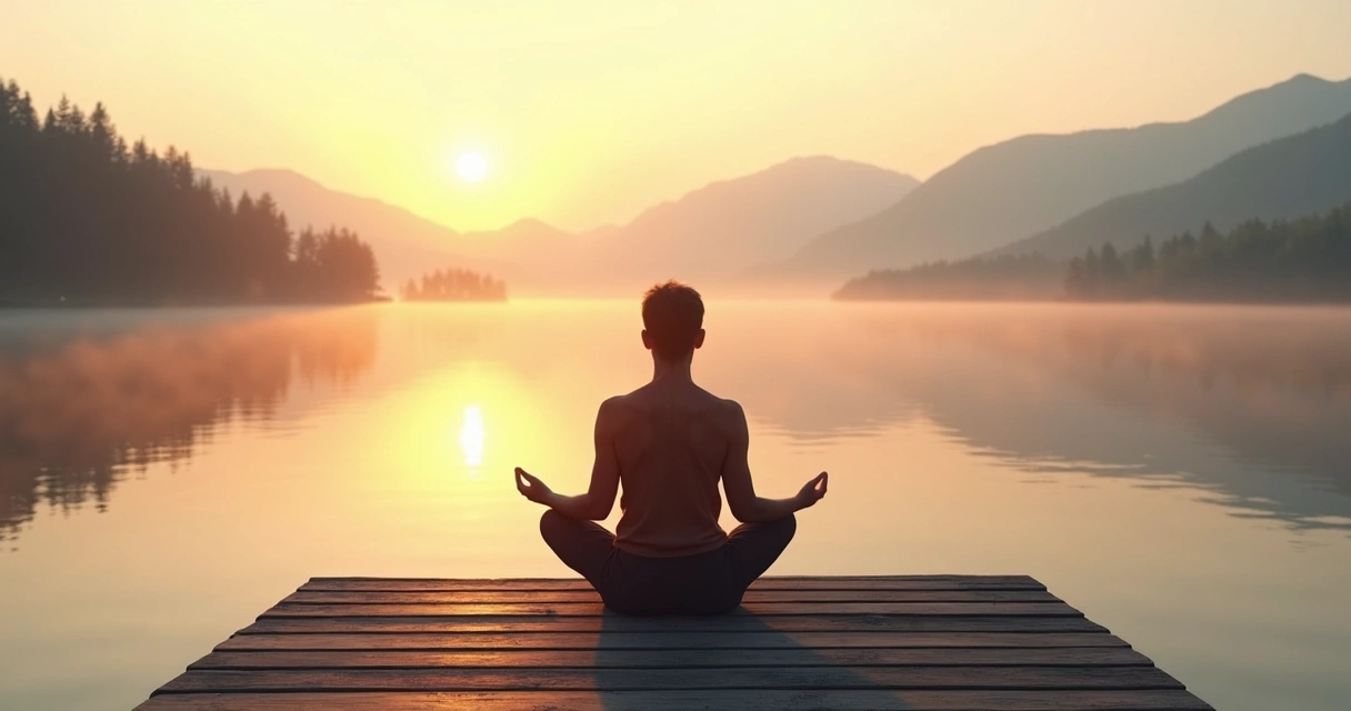 Pessoa sentada em frente ao lago ao amanhecer em postura de reflexão profunda 