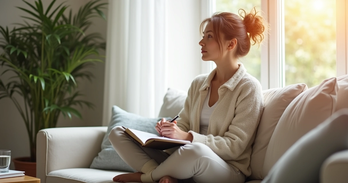 Mulher sentada olhando pela janela em momento de autorreflexão tranquila 