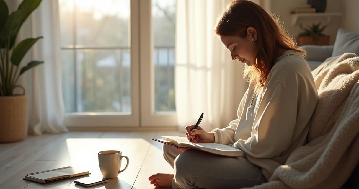 Pessoa sentada perto da janela escrevendo em caderno de autoconhecimento 