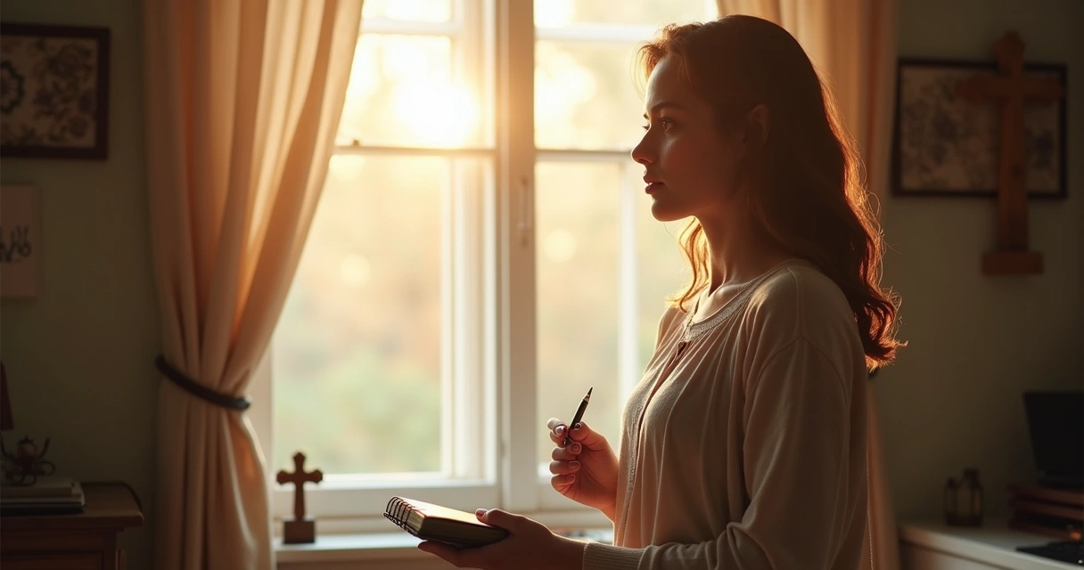 Mulher em momento de reflexão olhando pela janela com luz suave