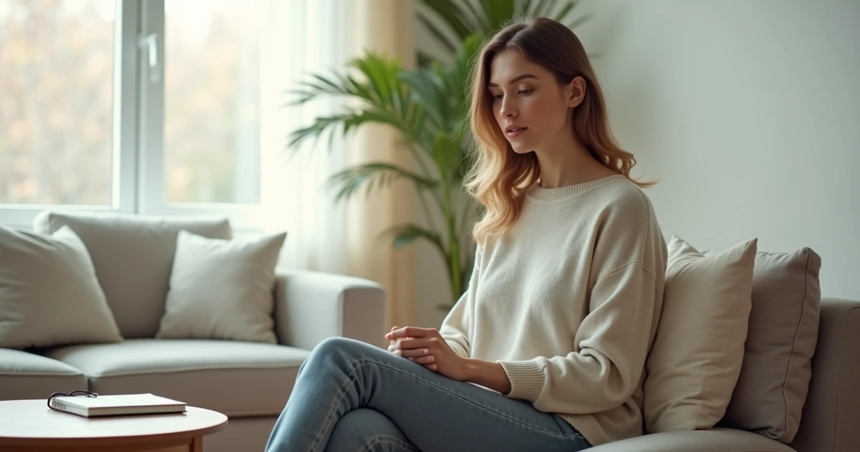 Mulher sentada perto da janela em postura de reflexão e clareza emocional 