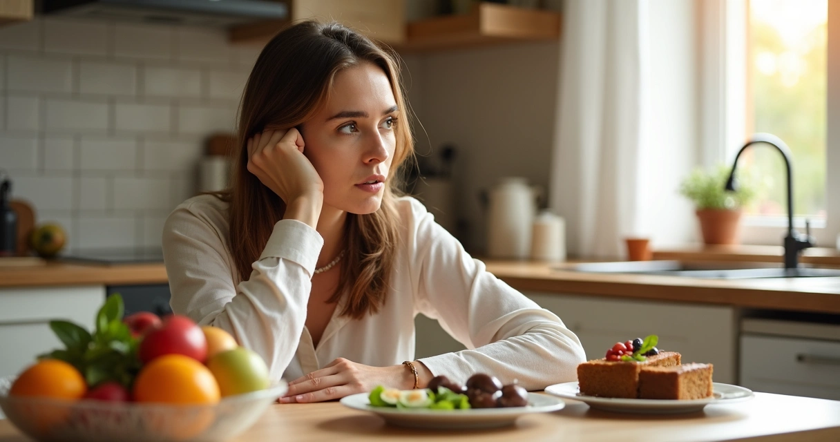 Mulher olhando para alimentos diferentes com expressão pensativa. 