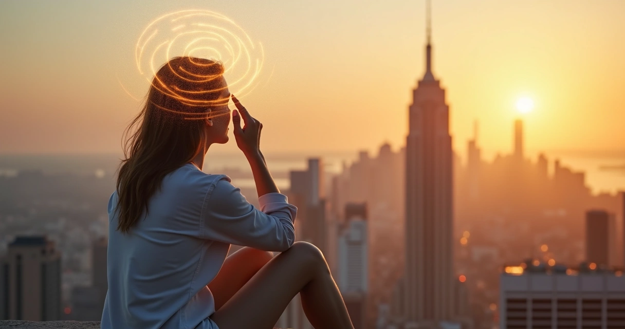 Mulher contemplando paisagem enquanto observa labirinto translúcido sobreposto à cabeça 