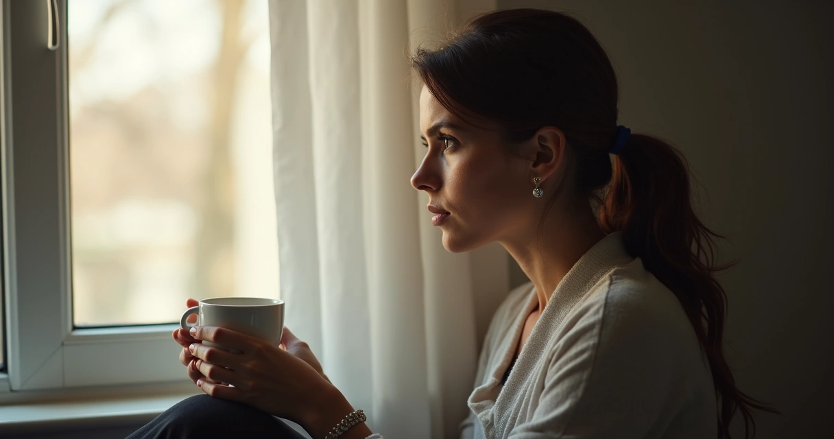 Mulher sentada olhando pela janela em um momento de reflexão 