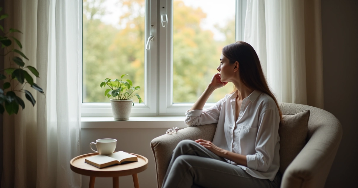Mulher sentada em poltrona olhando para a janela em reflexão. 