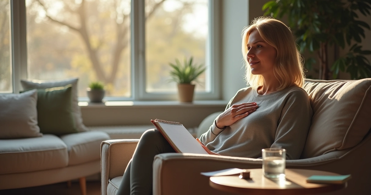 Mulher sentada perto da janela em postura reflexiva segurando um caderno de notas 