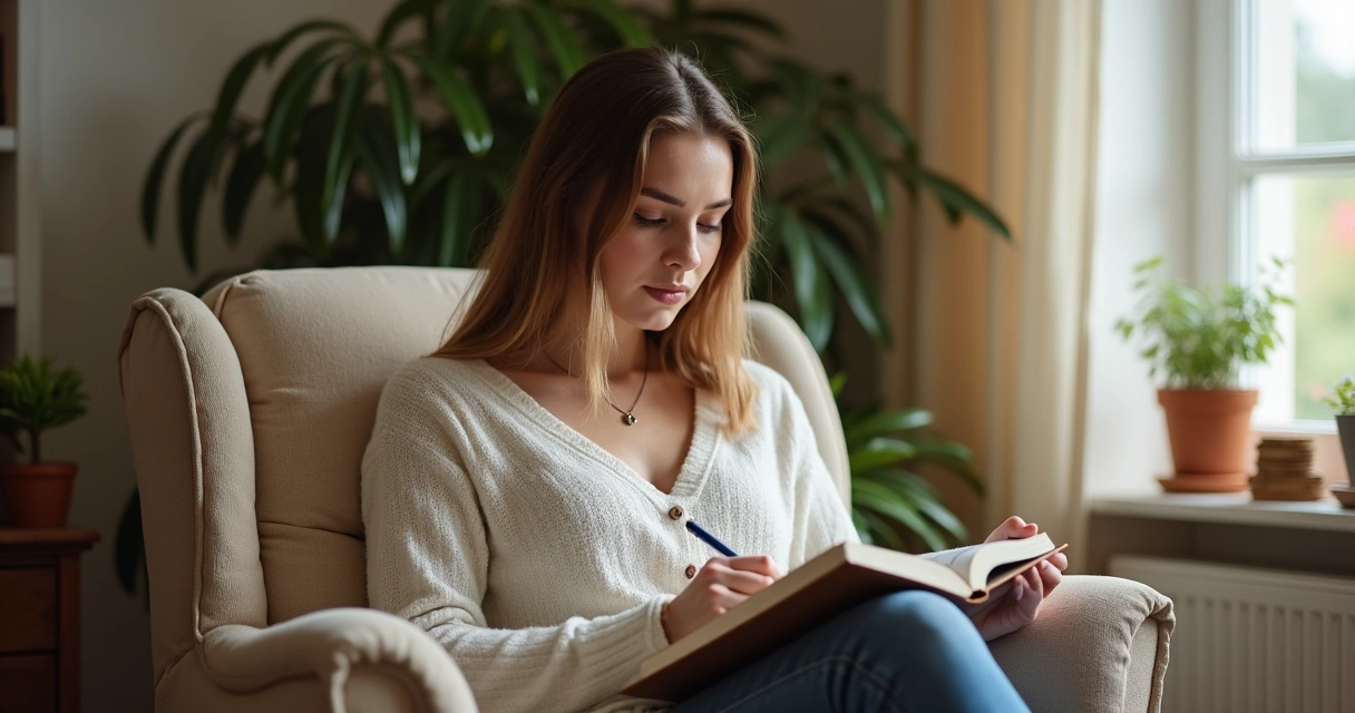 Mulher sentada em poltrona escrevendo em diário, expressão serena. 