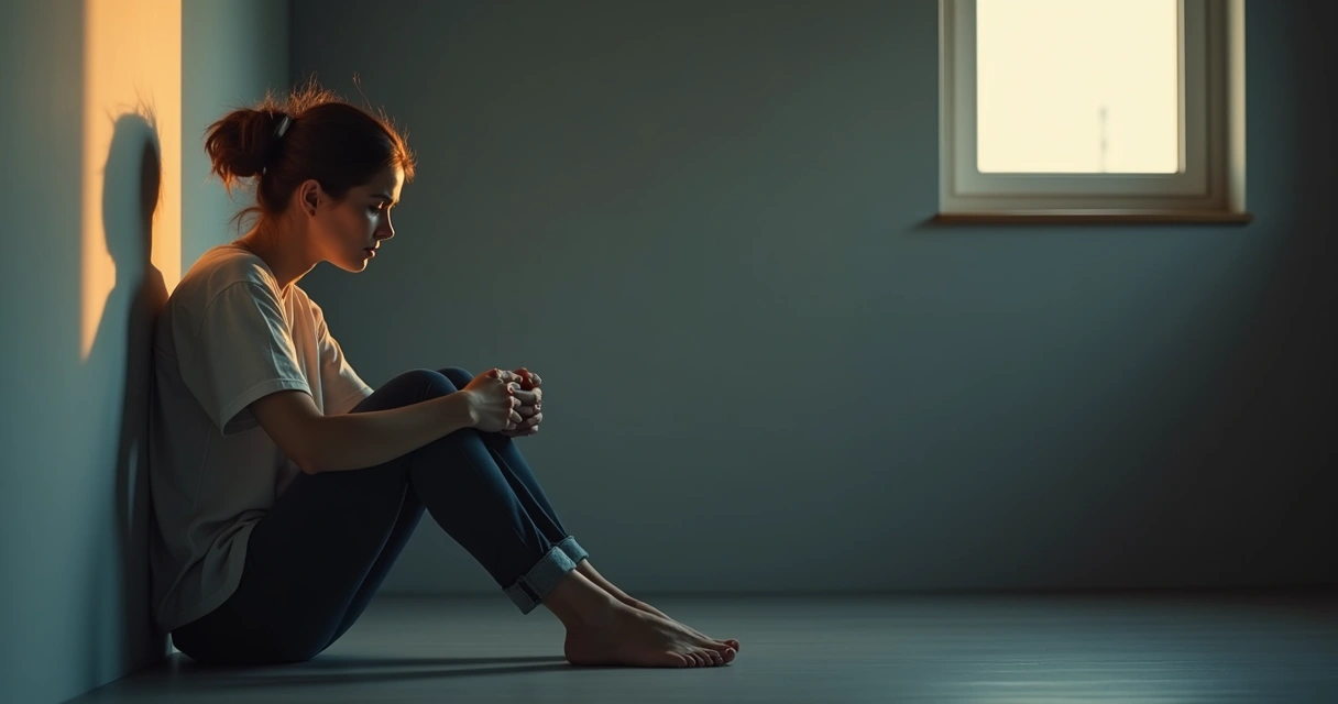 Mulher sentada refletindo sozinha em ambiente escuro com luz suave na cabeça 