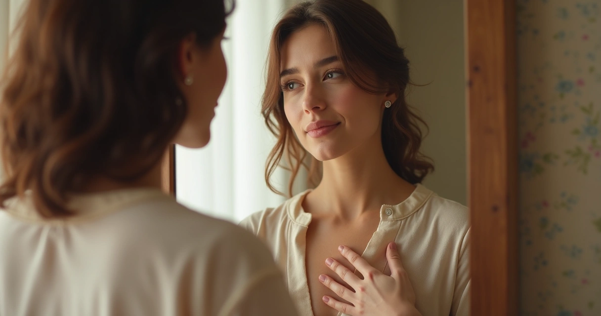 Mulher olhando para si mesma no espelho, com expressão reflexiva e suave luz morna