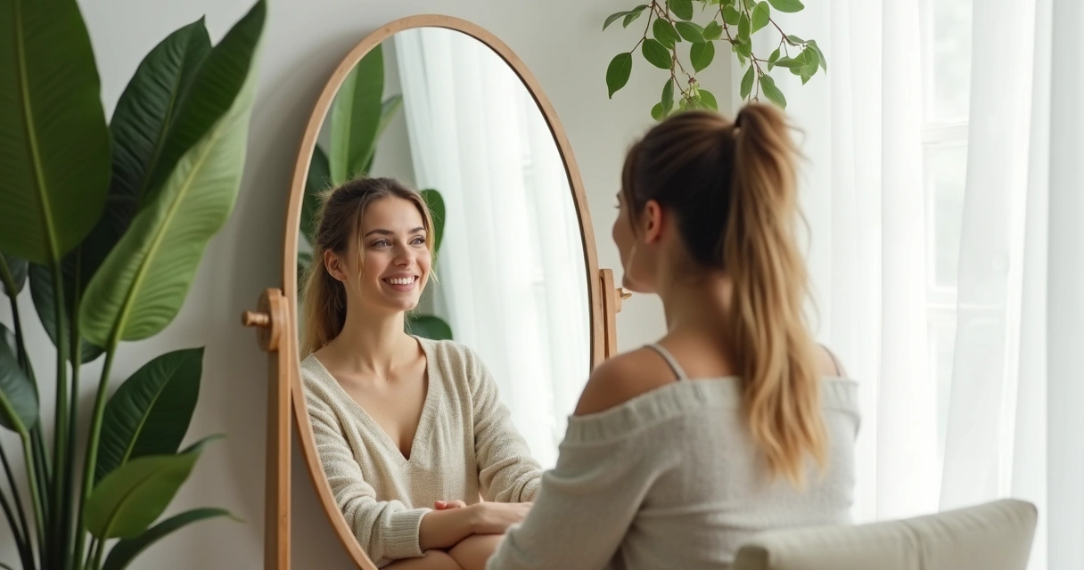 Mulher olhando seu próprio reflexo em um espelho 
