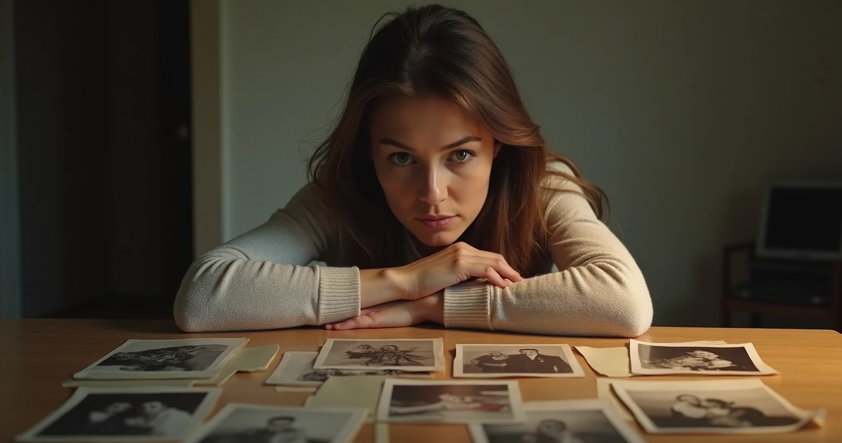 Mulher sentada refletindo em ambiente tranquilo com fotos antigas na mesa