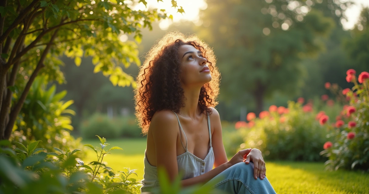 Mulher sentada em jardim, olhando para o céu, cercada por plantas 