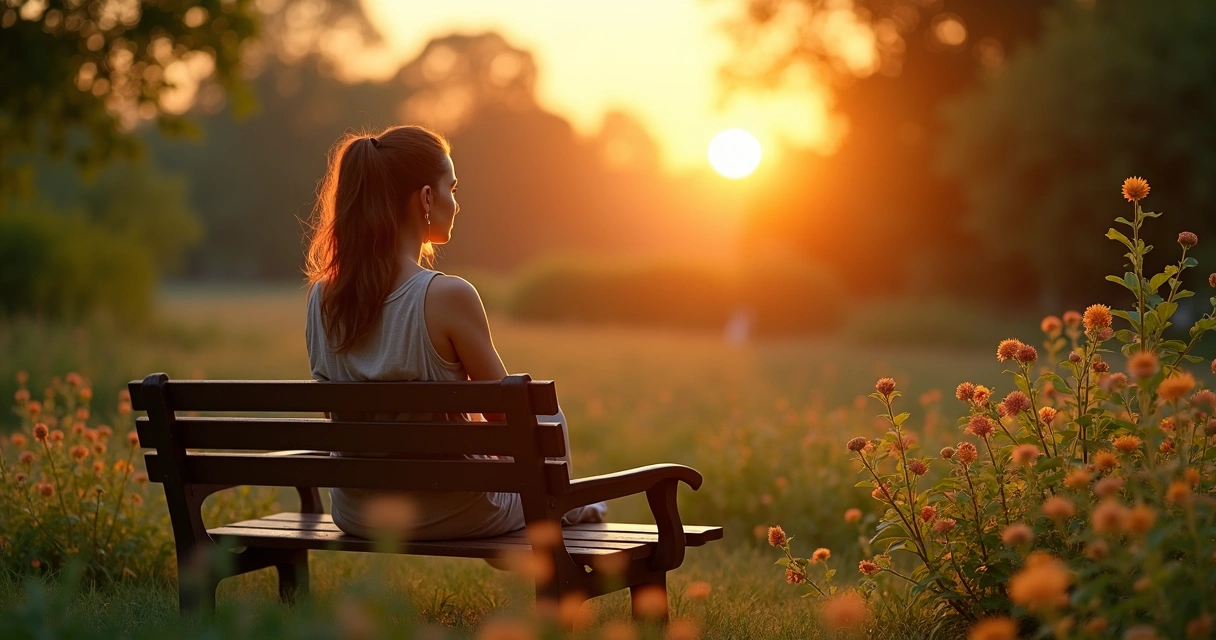 Mulher sentada em jardim tranquila olhando para o horizonte
