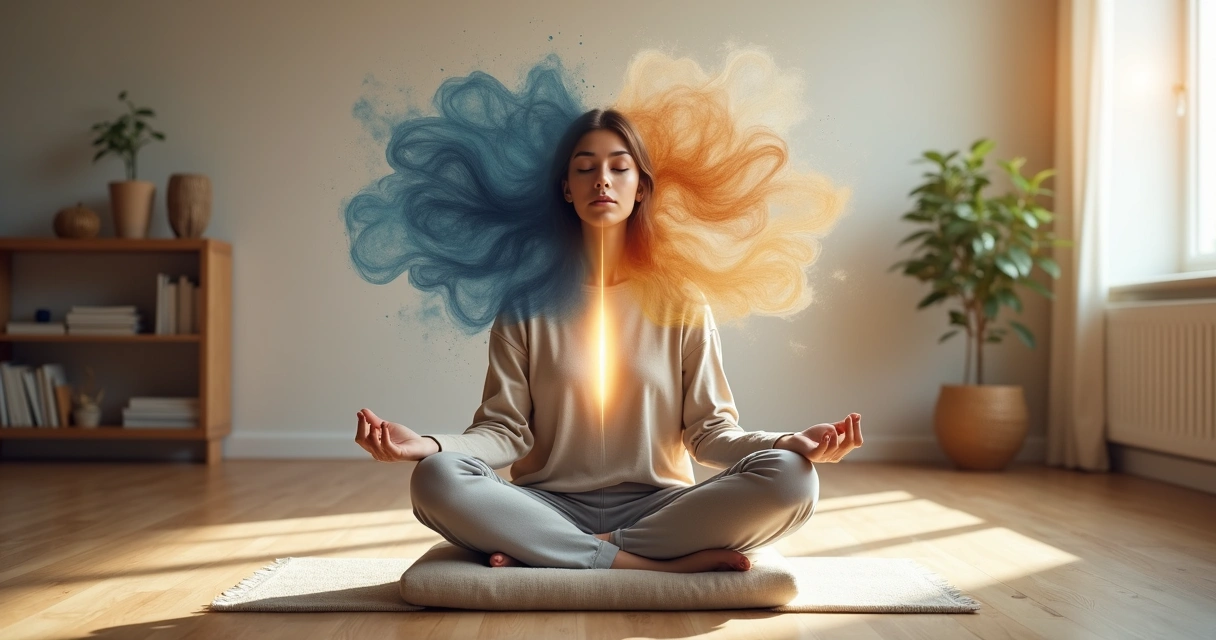 Mulher sentada em posição de meditação refletindo sobre padrões emocionais 