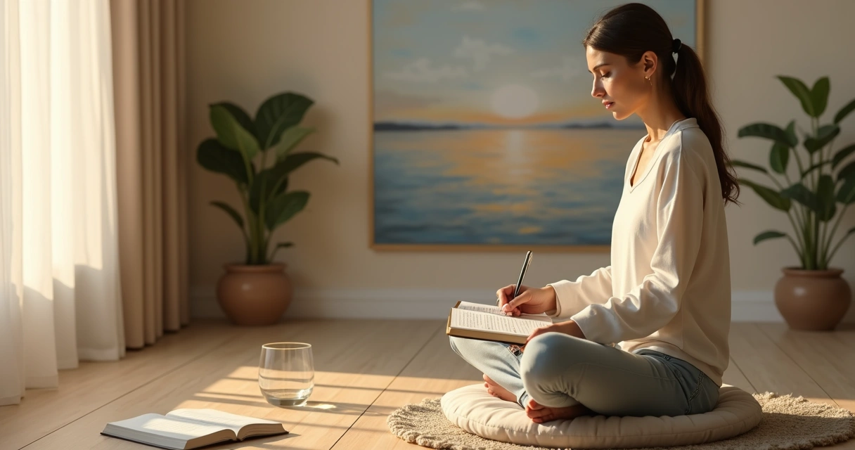 Mulher sentada em posição de meditação escrevendo perguntas de autoconhecimento em um caderno 