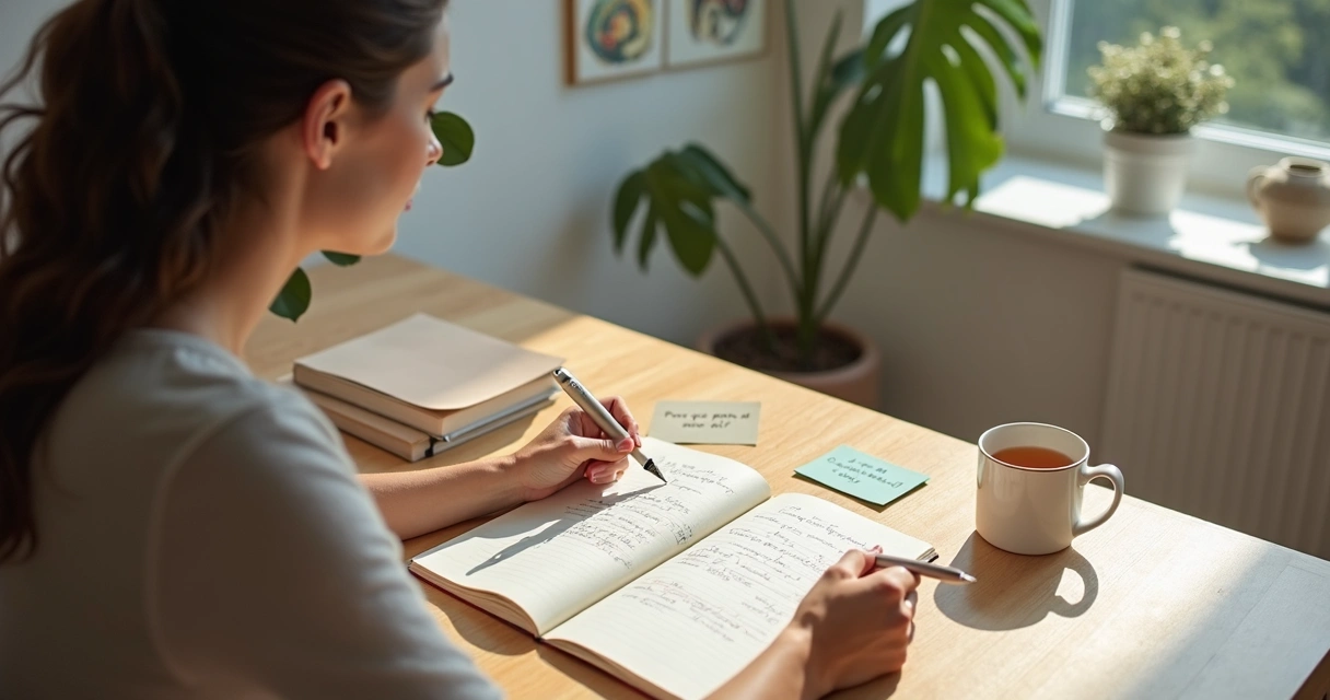 Mulher refletindo e escrevendo perguntas diárias em caderno 