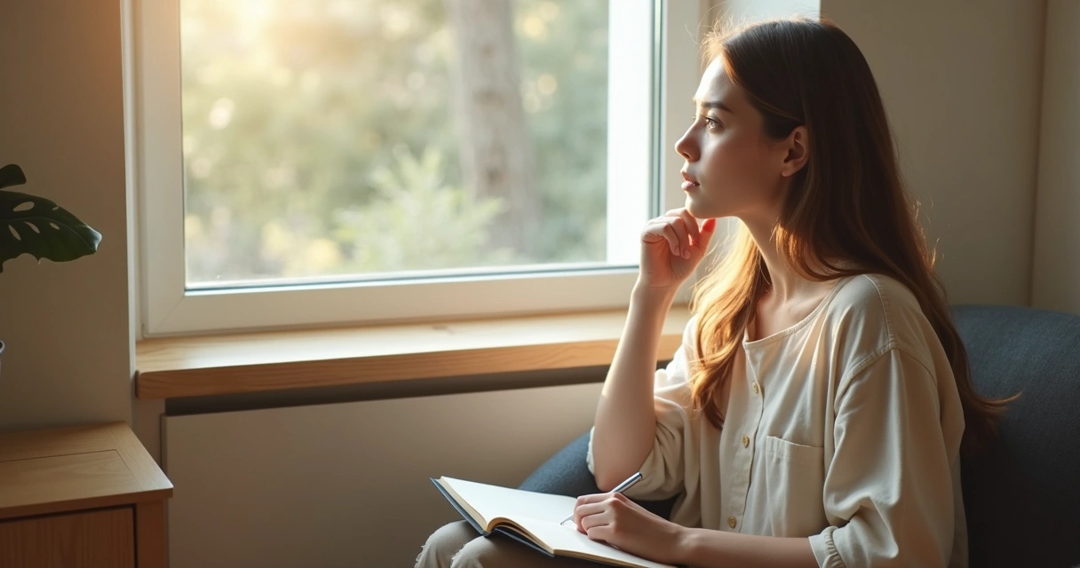 Mulher sentada olhando para janela em momento de reflexão 