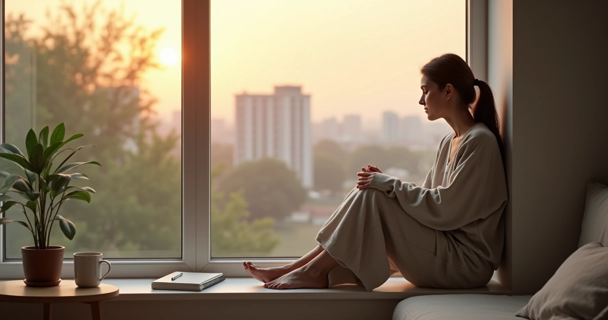 Pessoa sentada perto da janela em postura relaxada de reflexão tranquila 