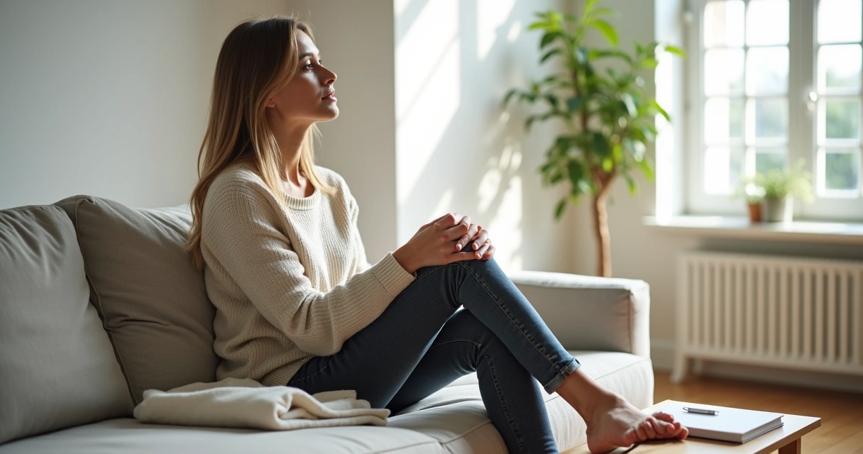 Mulher sentada em sofá olhando pela janela em momento de reflexão tranquila 
