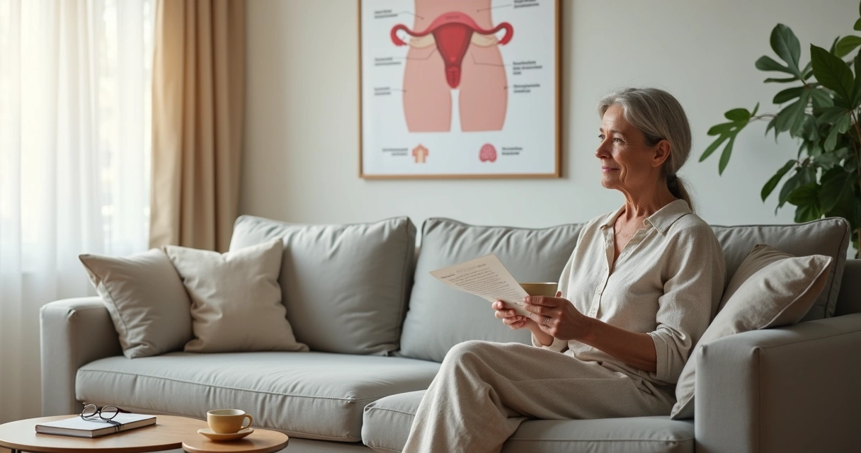 Mulher de meia-idade relaxando na sala com ilustração discreta de útero em painel informativo 