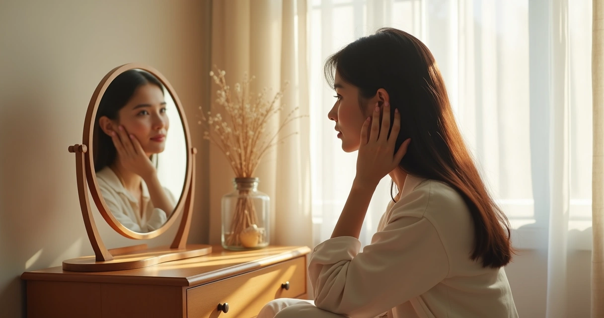 Mulher observando próprio reflexo em espelho, ambiente suave 