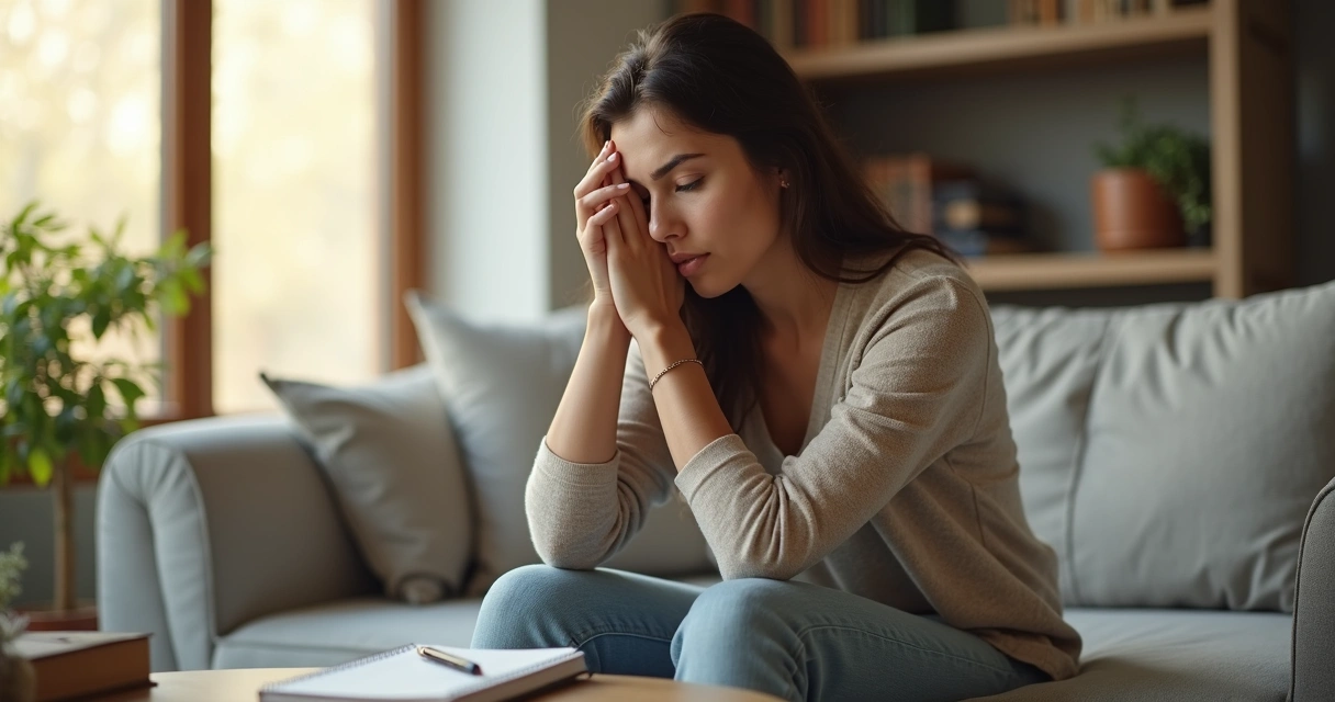 Mulher adulta pensativa sentada no sofá com expressão de autocrítica e reflexão 