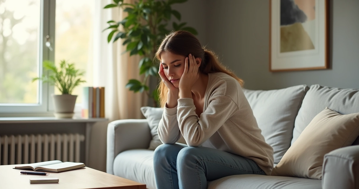 Mulher sentada no sofá com expressão pensativa e autocrítica 
