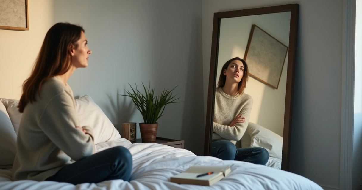 Mulher pensativa em frente ao espelho com reflexo fragmentado 
