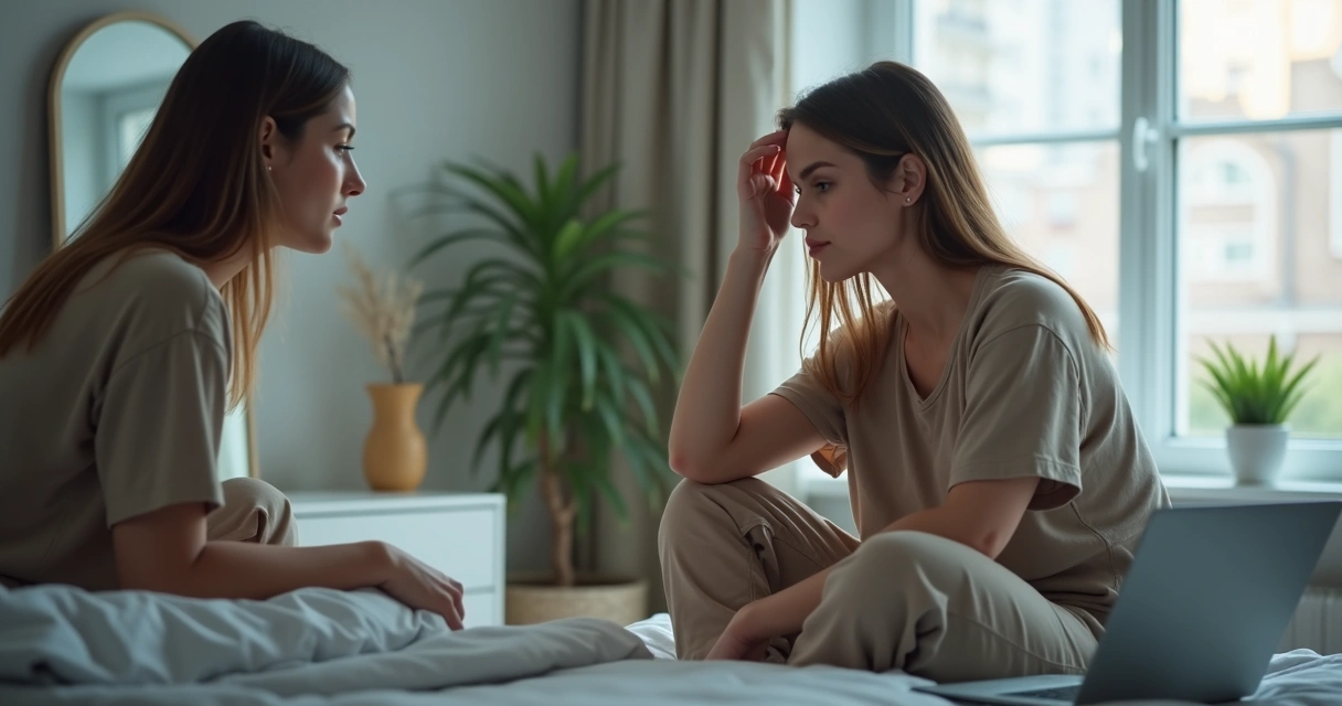 Mulher pensativa diante do espelho com expressão de autoquestionamento 