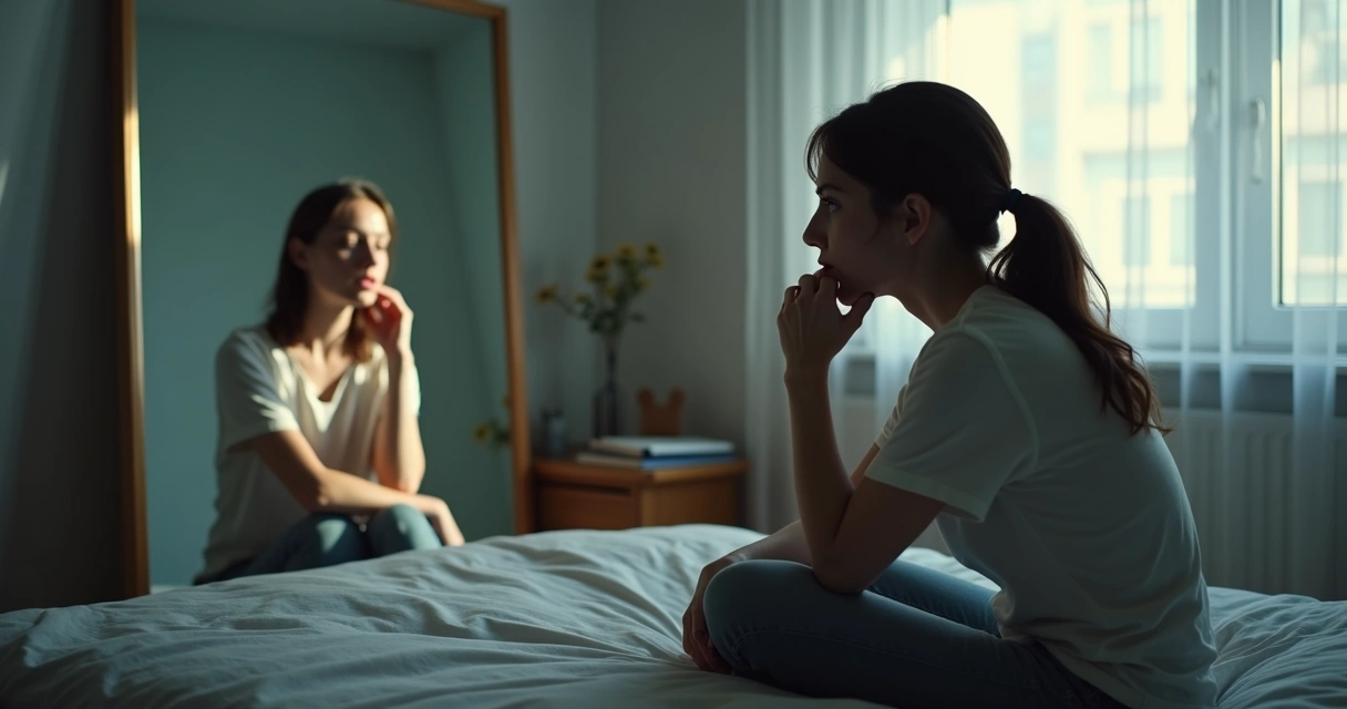 Mulher pensativa diante do espelho com sombra distorcida representando autossabotagem 