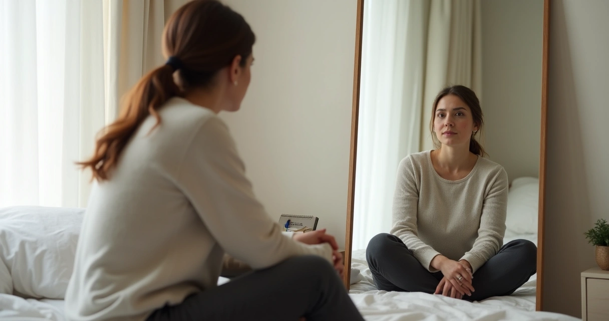 Mulher olhando o próprio reflexo espelhado com expressão de dúvida e autossabotagem 
