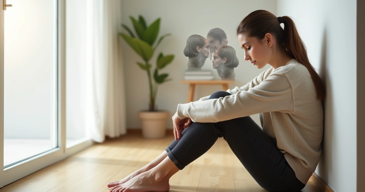 Mulher sentada no chão encostada na parede com expressão pensativa e reflexiva 