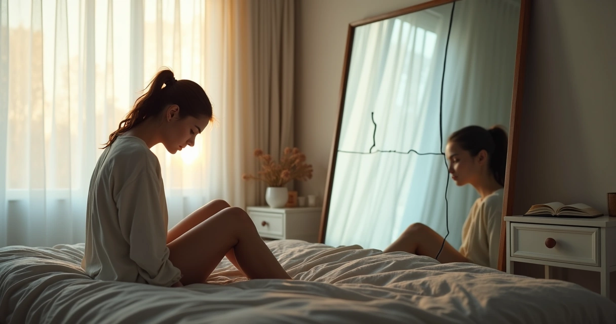 Mulher sentada refletindo diante de seu próprio reflexo fragmentado 