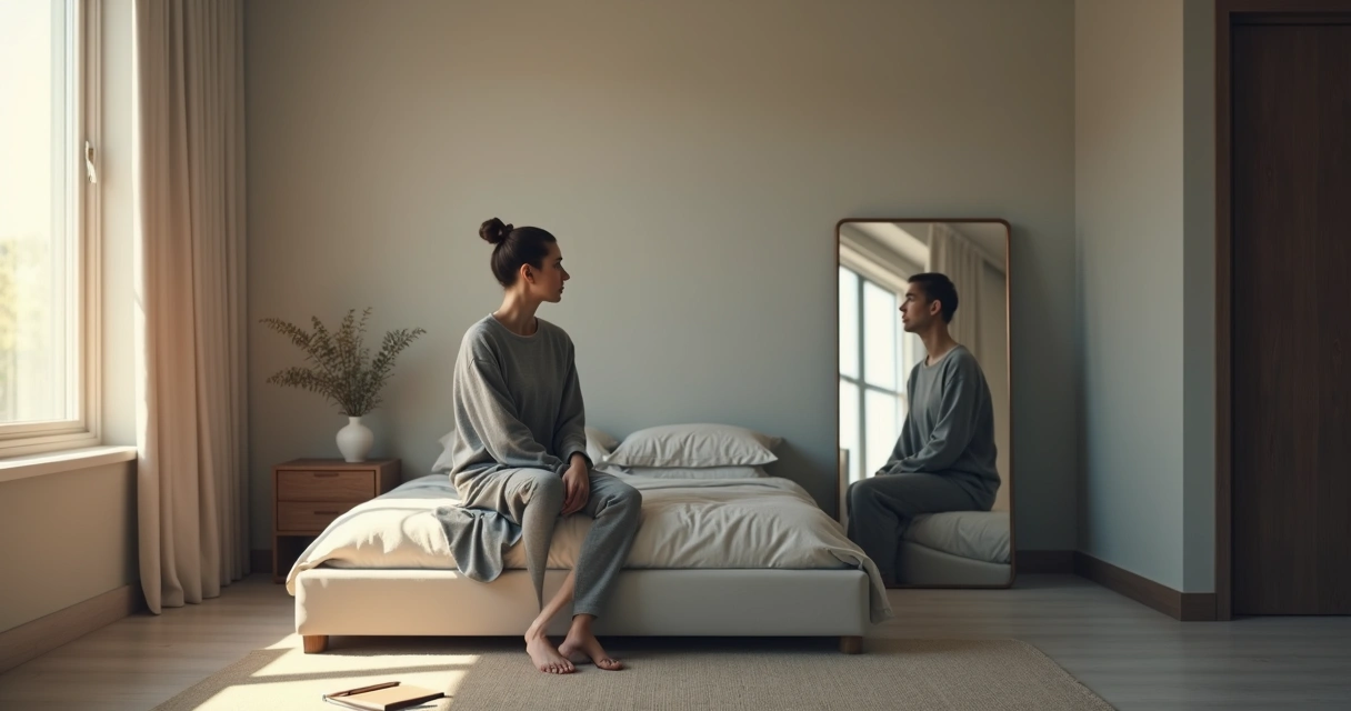 Pessoa sentada pensativa diante de espelho com sombras refletindo conflitos internos 