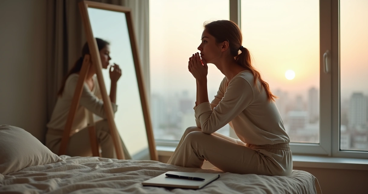 Mulher pensativa diante de reflexo distorcido em espelho 