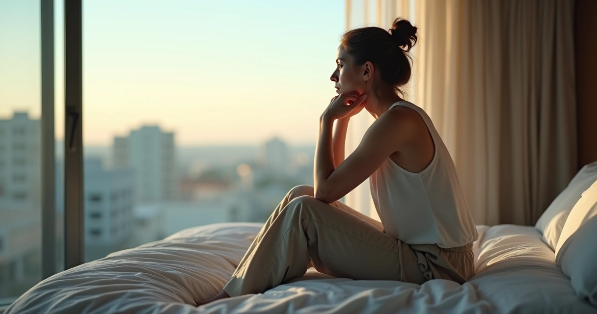 Mulher sentada na cama olhando pela janela em postura reflexiva 