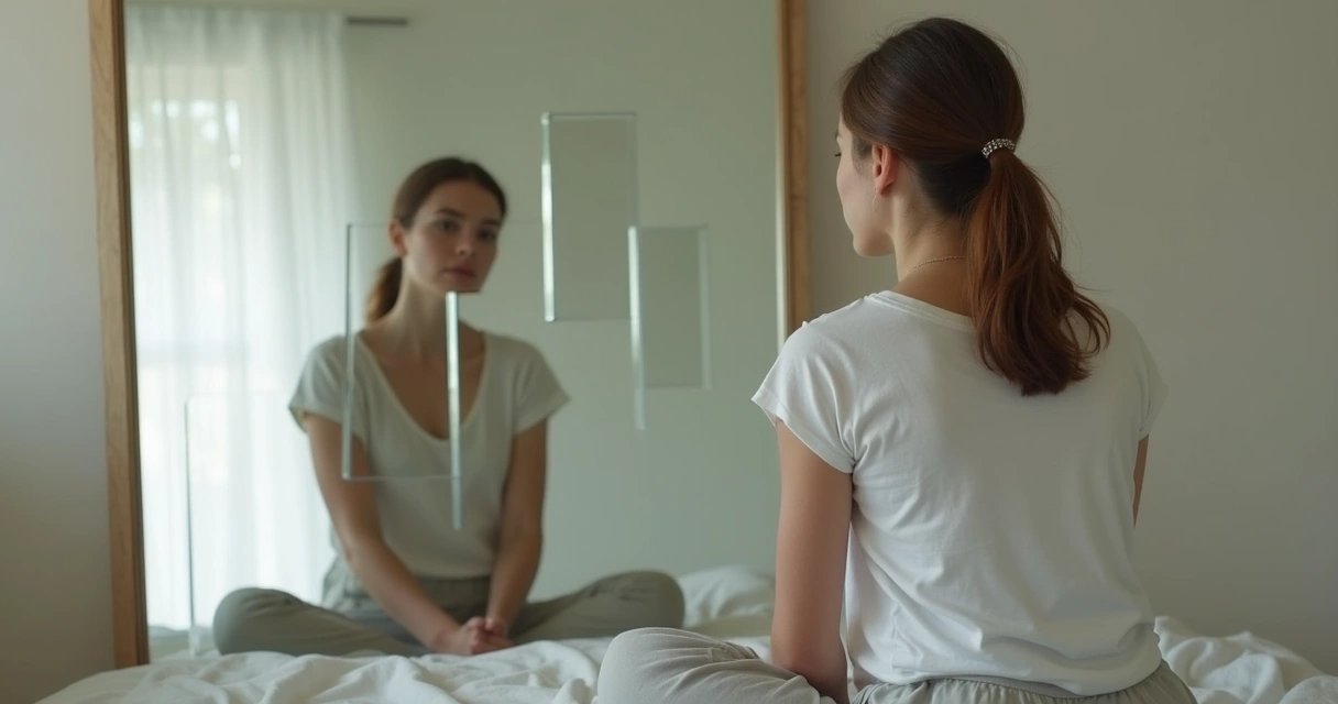 Mulher pensativa diante de reflexo fragmentado em espelho 