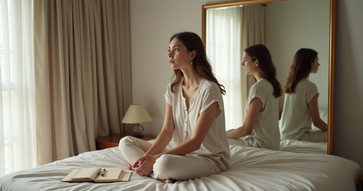 Mulher sentada refletindo em frente ao espelho com versões fragmentadas de si mesma 