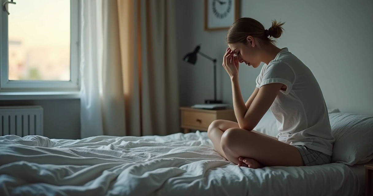 Mulher sentada na cama com a mão na cabeça em postura pensativa ao amanhecer 